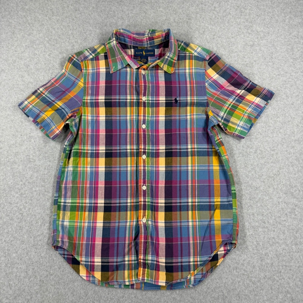Ralph Lauren Shirt Boys L 14-16 Multi Plaid Short Sleeve Button Down Preppy